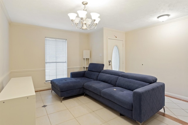 tiled living room with a chandelier and ornamental molding