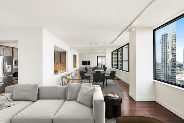 living room featuring track lighting and dark wood-type flooring