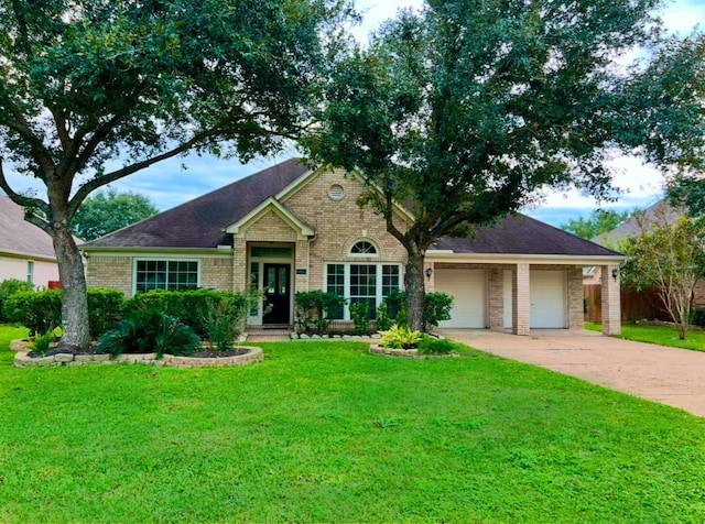 ranch-style home featuring a front yard and a garage