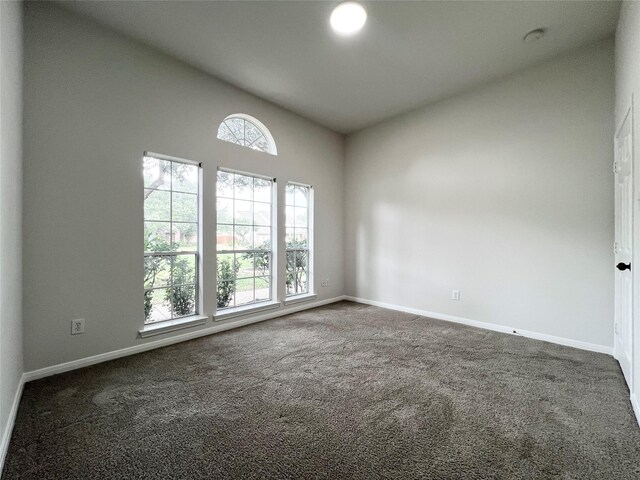 carpeted empty room featuring plenty of natural light and lofted ceiling