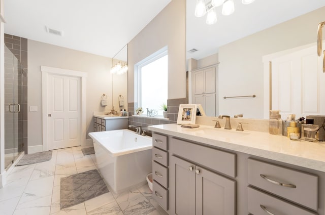 bathroom with separate shower and tub and vanity