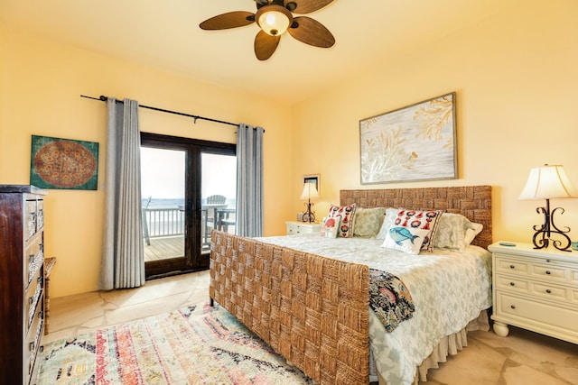 bedroom featuring access to exterior, ceiling fan, and french doors