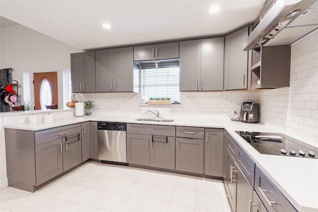 kitchen with dishwasher, ventilation hood, a healthy amount of sunlight, and sink