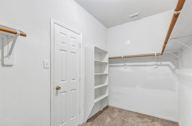 spacious closet featuring light colored carpet