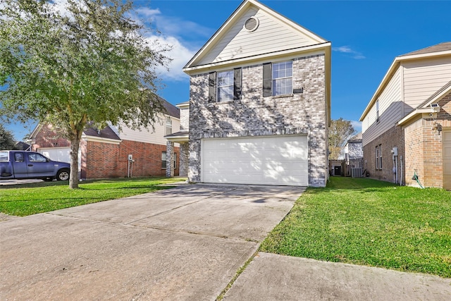 view of property with a garage, a front yard, and central AC