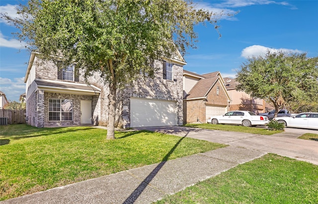 front facade featuring cooling unit, a garage, and a front yard