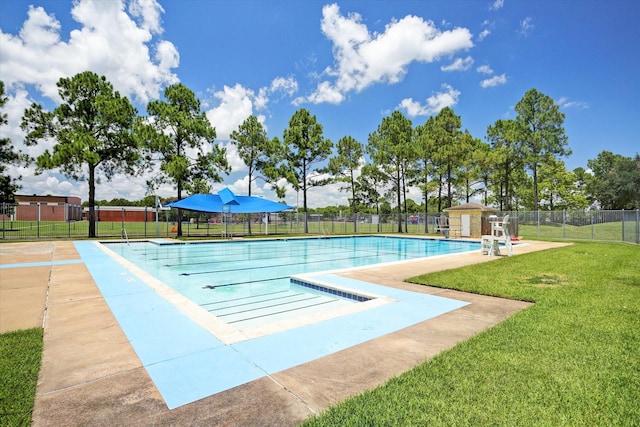 view of swimming pool with a lawn