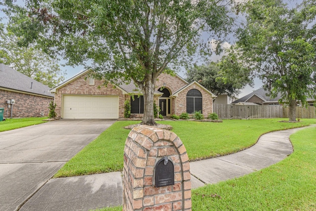 ranch-style house featuring a front yard and a garage