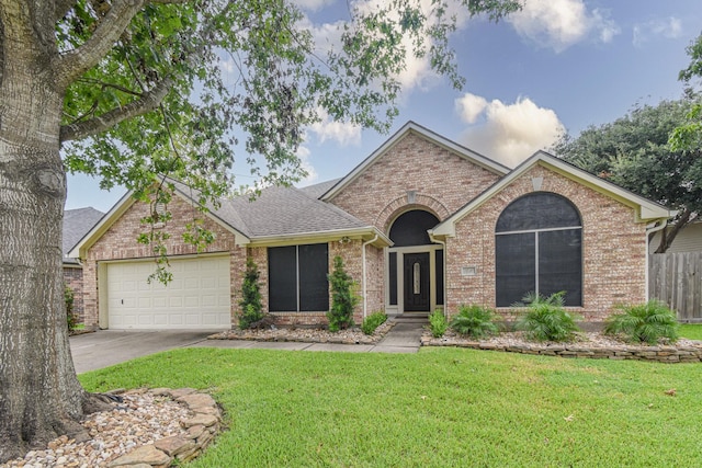 single story home with a garage and a front yard