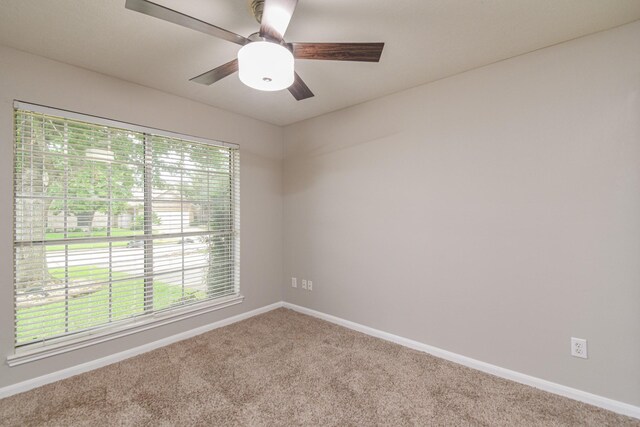 empty room featuring ceiling fan and carpet