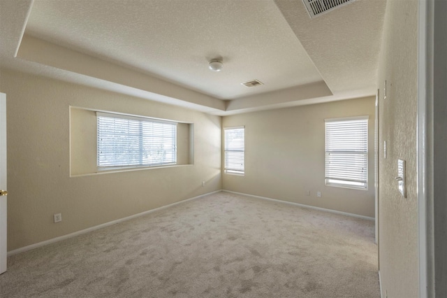 unfurnished room with a textured ceiling, light carpet, and a tray ceiling