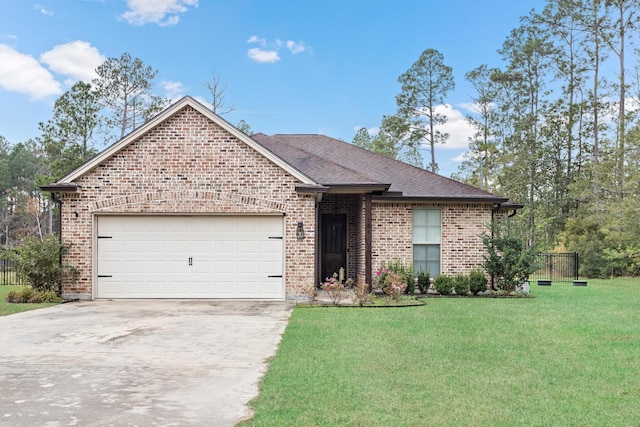 ranch-style home featuring a front yard and a garage