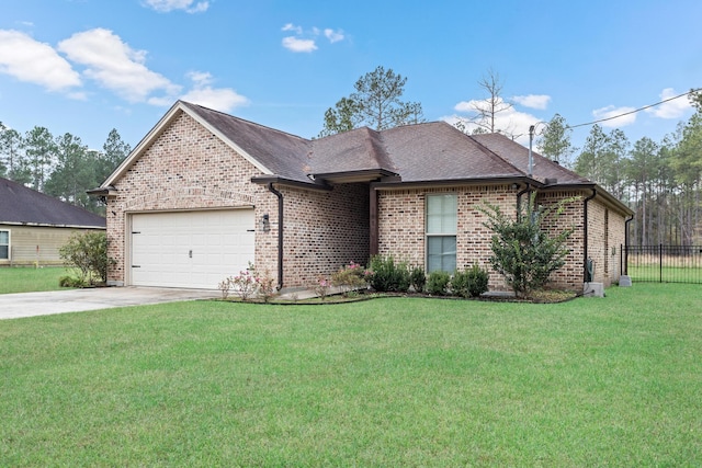 ranch-style home featuring a garage and a front lawn