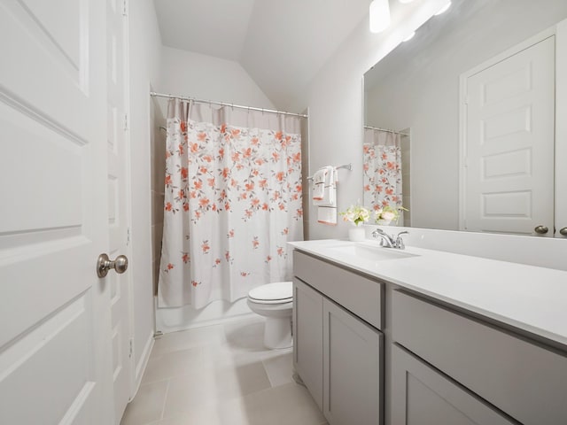 full bathroom with shower / bath combo, tile patterned flooring, vaulted ceiling, toilet, and vanity