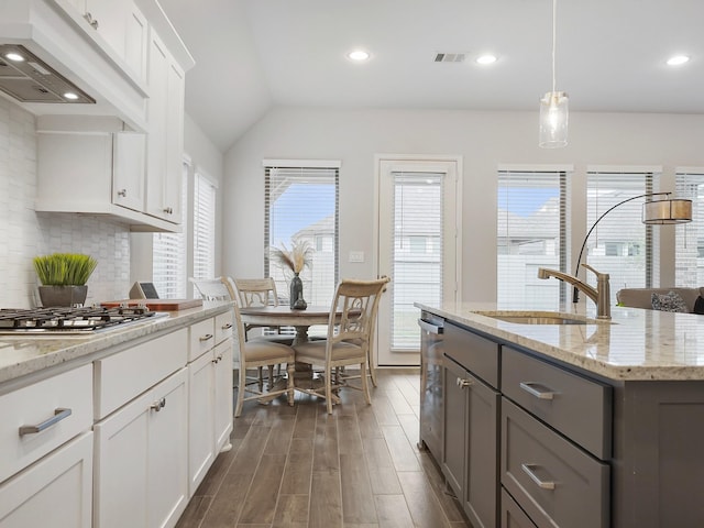 kitchen with white cabinetry, sink, dark wood-type flooring, premium range hood, and appliances with stainless steel finishes