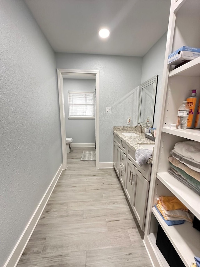 bathroom featuring vanity, hardwood / wood-style flooring, and toilet