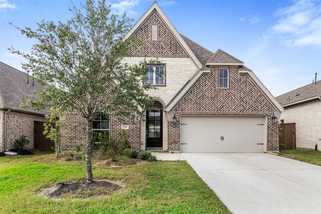 view of front of home with a garage and a front lawn