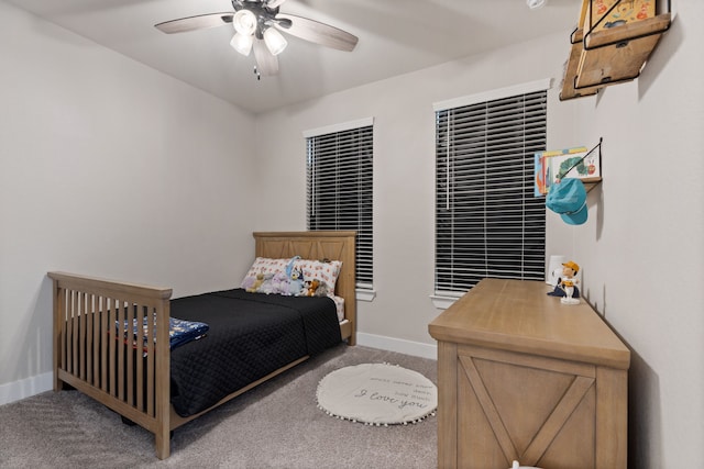 bedroom featuring carpet flooring and ceiling fan