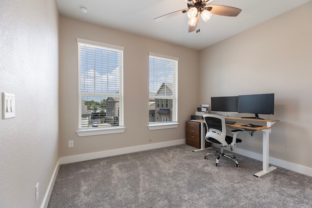 office area with carpet flooring and ceiling fan