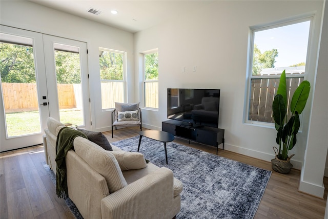 living room with hardwood / wood-style flooring, a wealth of natural light, and french doors