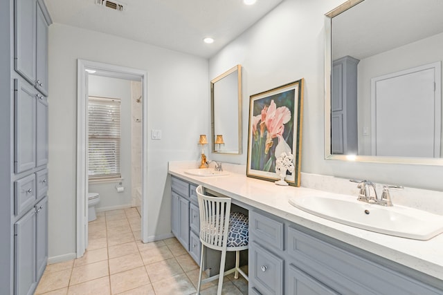 full bathroom featuring tile patterned flooring, vanity, toilet, and  shower combination