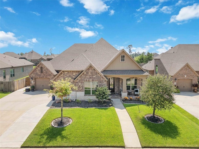 craftsman-style home with a porch, a garage, and a front yard