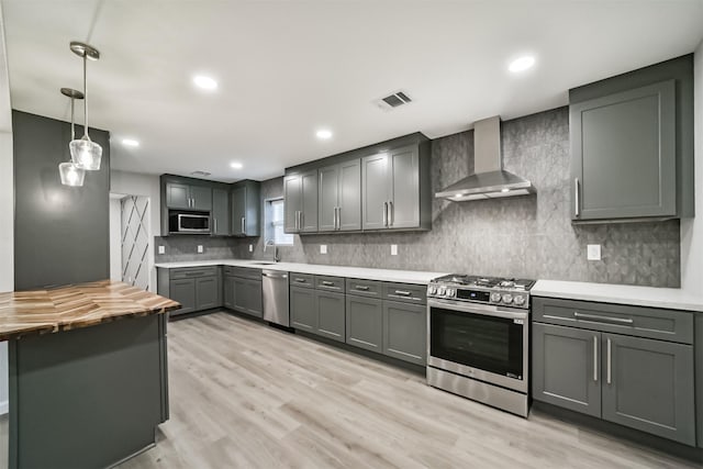 kitchen featuring gray cabinetry, sink, wall chimney range hood, and appliances with stainless steel finishes