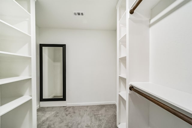 walk in closet with light colored carpet