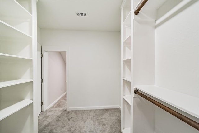 walk in closet with light colored carpet