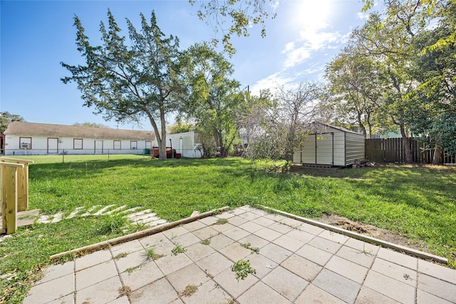 view of yard featuring a patio area and a storage shed