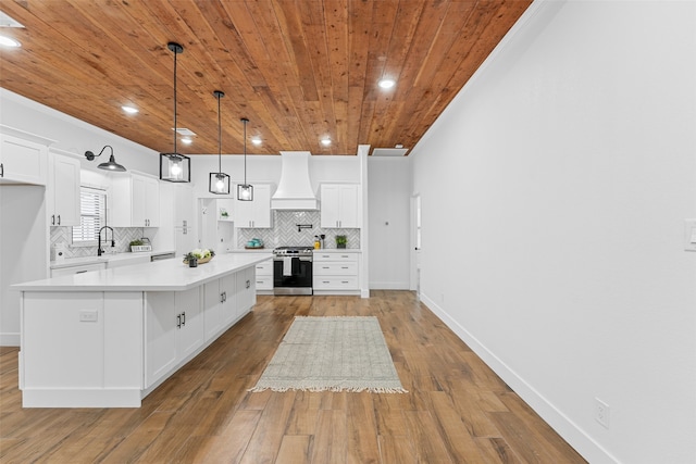 kitchen featuring hardwood / wood-style flooring, white cabinets, and custom exhaust hood