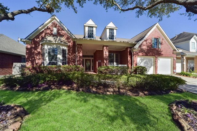 view of front of home featuring a front lawn, a porch, and a garage