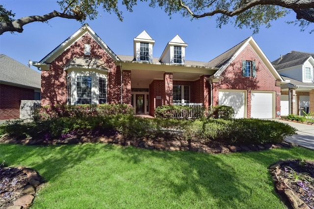 view of front of home featuring a garage, a front lawn, and a porch