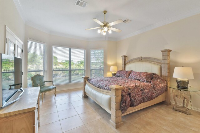 tiled bedroom featuring access to outside, ornamental molding, and ceiling fan