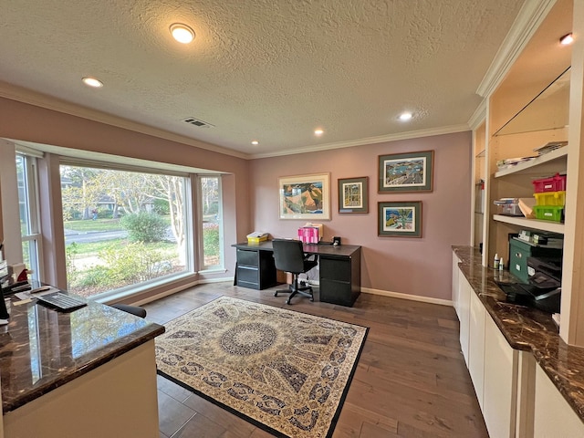 office space with a textured ceiling, crown molding, and dark hardwood / wood-style floors