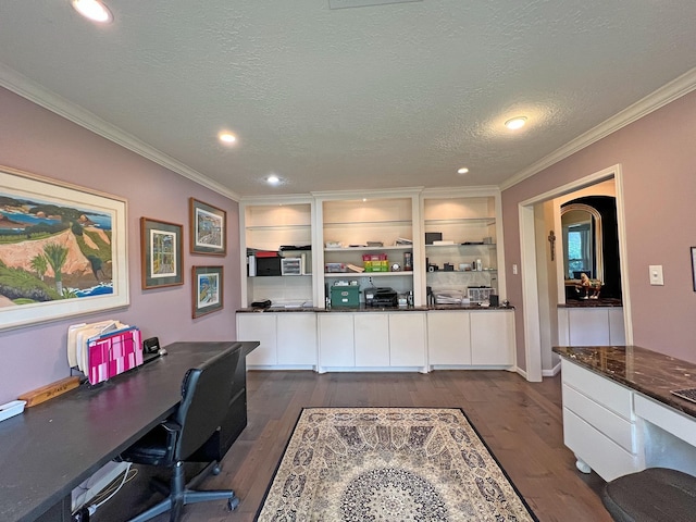 office space featuring a textured ceiling, dark hardwood / wood-style flooring, and crown molding