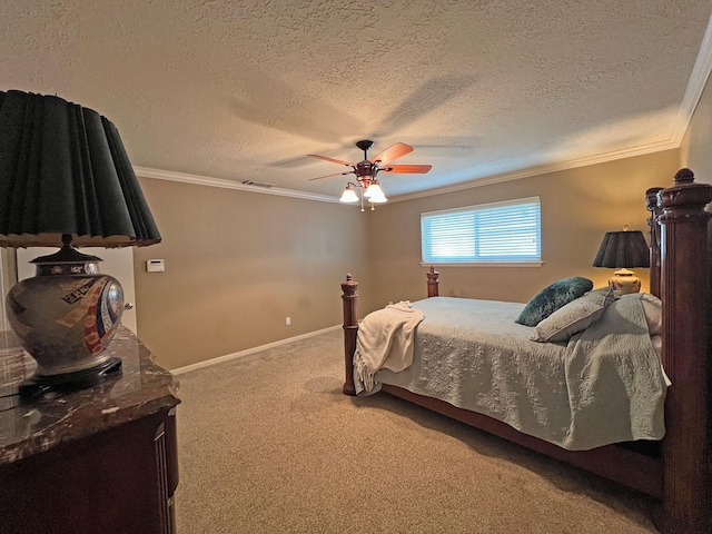 carpeted bedroom featuring ceiling fan, crown molding, and a textured ceiling