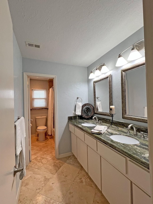 bathroom featuring vanity, a textured ceiling, and toilet