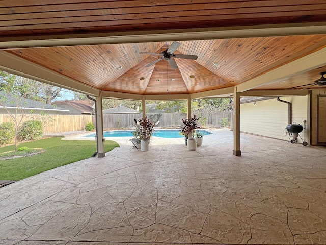 view of patio / terrace featuring ceiling fan, a fenced in pool, and grilling area