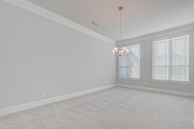 unfurnished room featuring light colored carpet, a chandelier, and ornamental molding