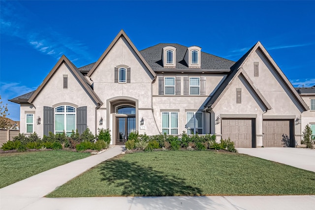 french country inspired facade featuring a garage and a front yard