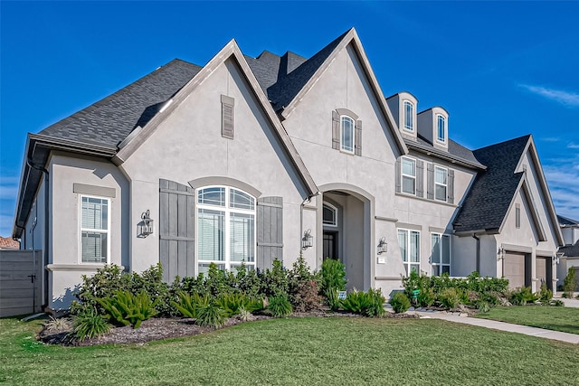 french provincial home with a front lawn and a garage