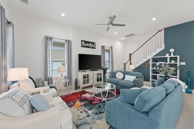 living room with ceiling fan