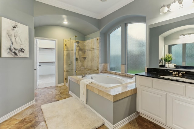 bathroom with vanity, plus walk in shower, and ornamental molding