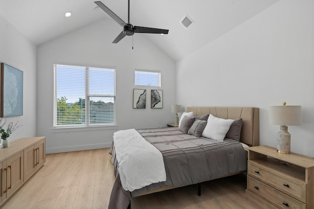 bedroom featuring ceiling fan, lofted ceiling, and light hardwood / wood-style flooring