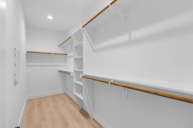 walk in closet with electric panel and light wood-type flooring