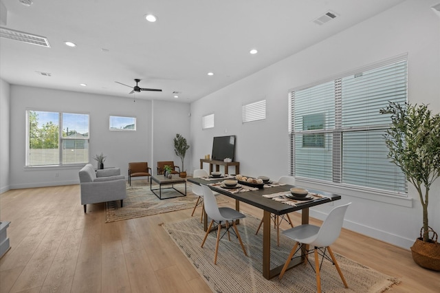 dining space with ceiling fan and light wood-type flooring