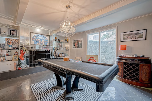 recreation room with crown molding and pool table