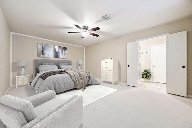 carpeted bedroom featuring ceiling fan