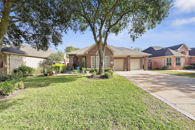 single story home featuring a garage and a front lawn